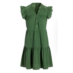 Boston Proper Shadow Stripe Cotton Tiered Shift Dress Womens Medium Green
